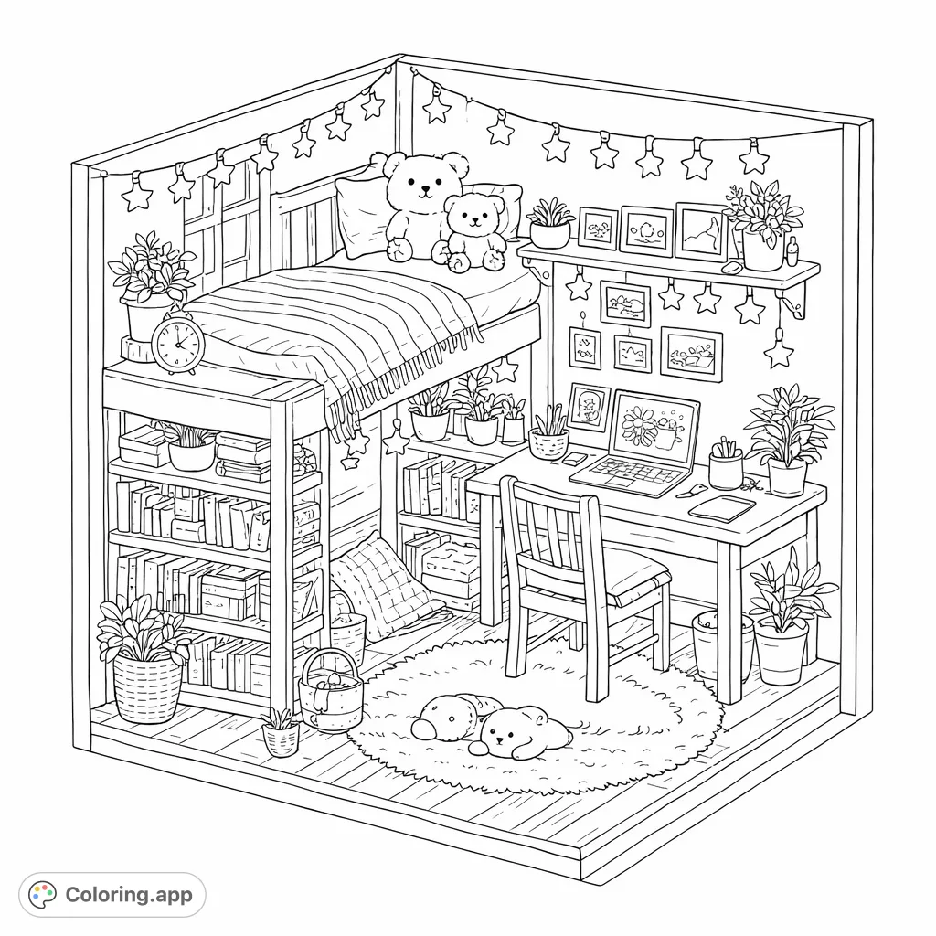 Step into a whimsical world with this intricate miniature room coloring page, featuring a detailed bunk bed, study desk, and charming decorations.