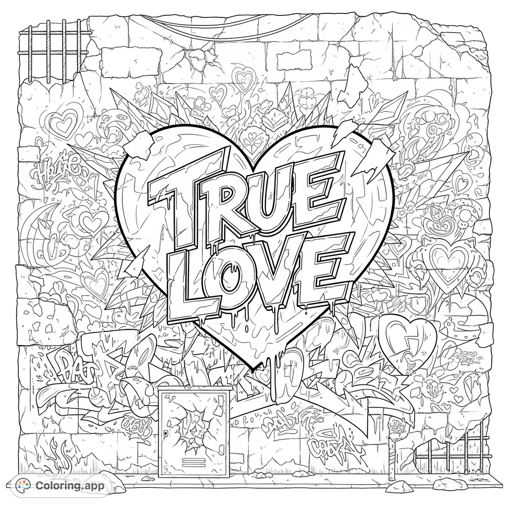 An intricate urban graffiti wall featuring a central 'True Love' heart surrounded by tags, abstract shapes, and layered artwork. Explore expressive street art.