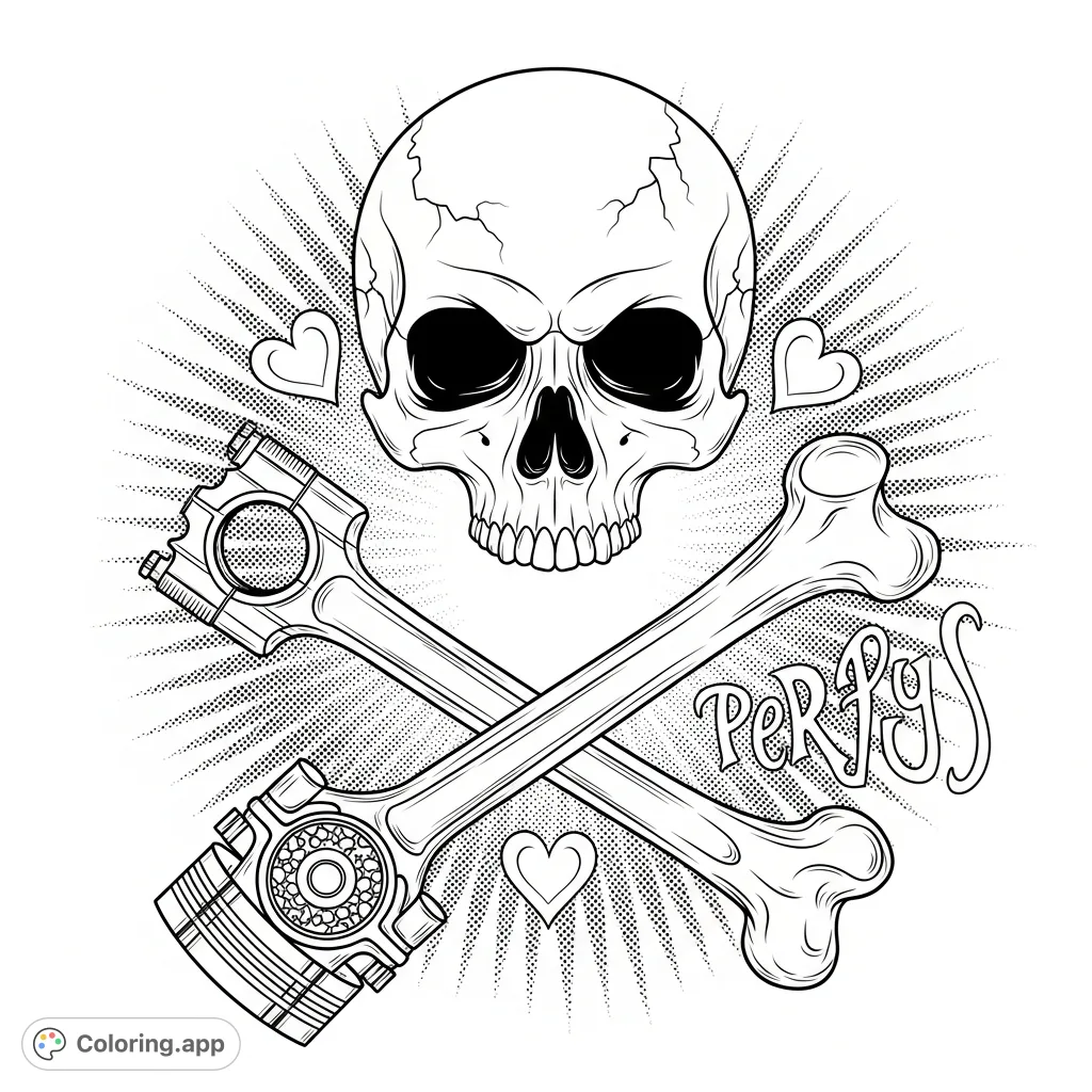 A compelling skull with detailed cracks and mechanical engine rod crossbones, set against a dynamic stippled background with integrated stylized text elements.