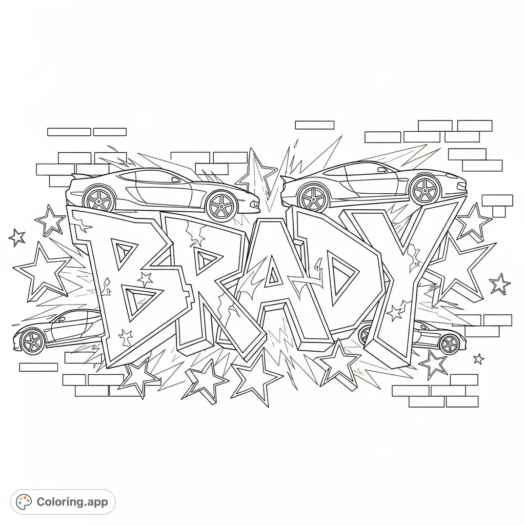 Unleash your creativity with this custom "Brady" graffiti coloring page, featuring dynamic lettering, stars, and stylized cars against an urban backdrop.