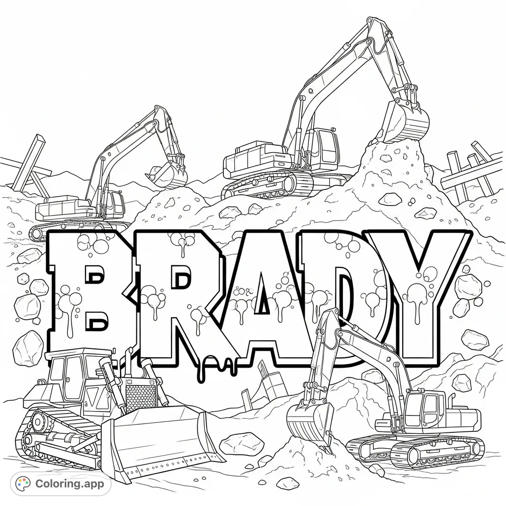 Personalized graffiti art featuring the name Brady, surrounded by detailed dozers and excavators in a dynamic construction site scene. A unique coloring page.