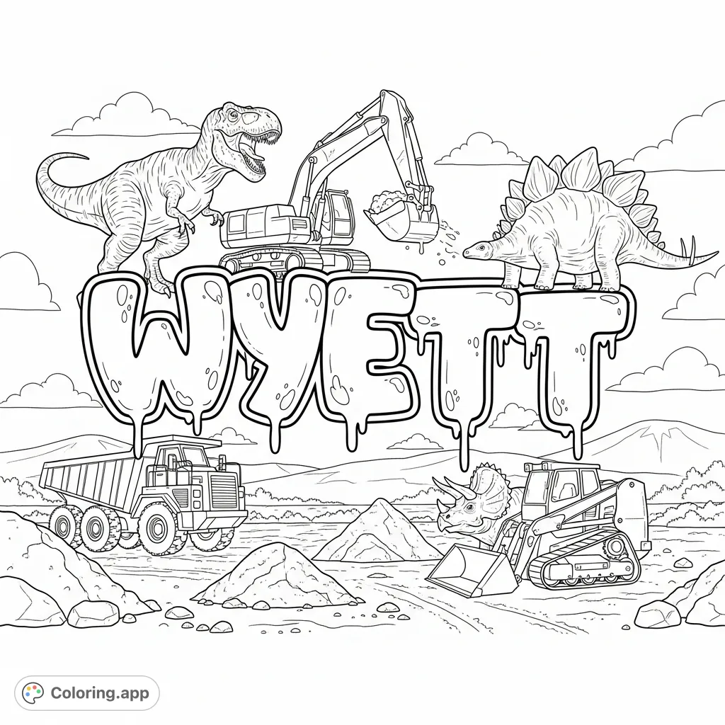 A dynamic coloring page featuring the name Wyett in bold graffiti, surrounded by powerful dinosaurs and busy construction vehicles in a rugged landscape.