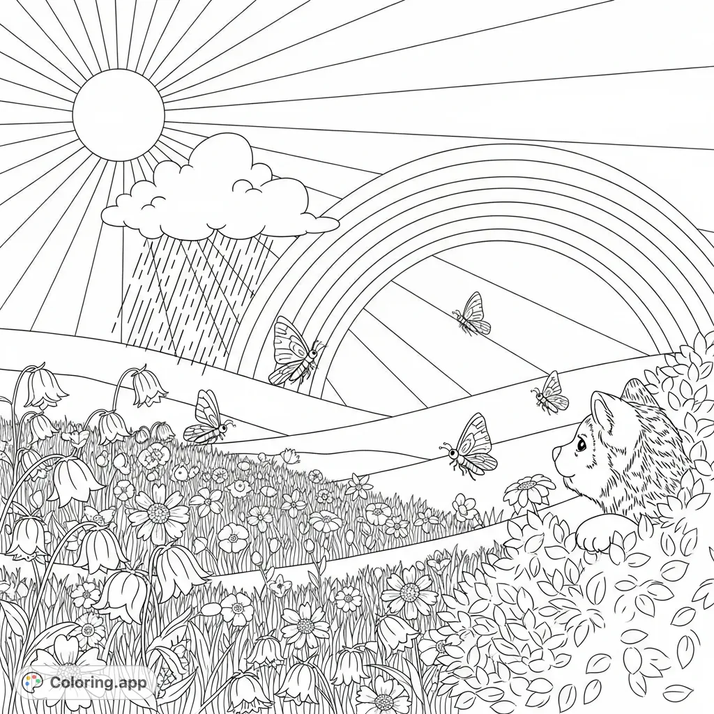 An enchanting meadow scene with sun, rain, and a vibrant rainbow, featuring fluttering butterflies and a shy animal peeking from a bush. A delightful free printable coloring page.