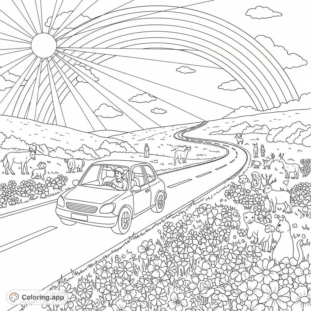 Embark on a scenic journey with a car, driver, rainbow, sun, blooming flowers, diverse animals, and strolling people along a winding road. A delightful nature scene!