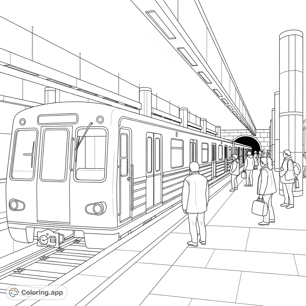 Experience the bustling energy of a subway station as a sleek metro train pulls into the platform, surrounded by diverse waiting figures. A detailed urban scene.