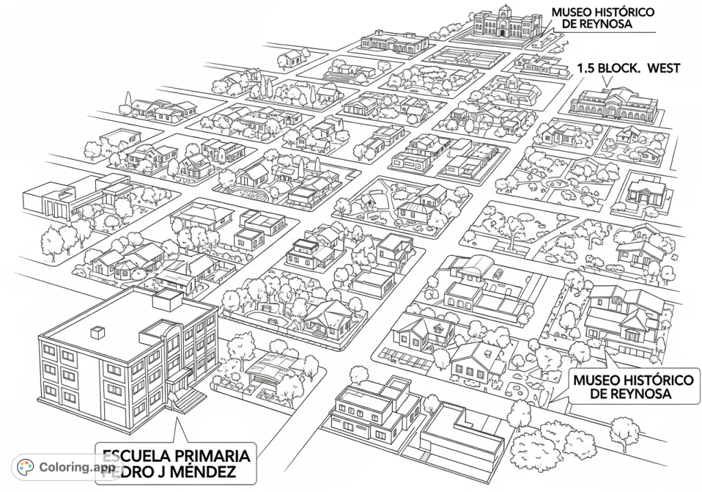 Embark on a detailed journey from Escuela Primaria Pedro J Mendez to Museo Histórico de Reynosa, exploring a city map filled with houses, parks, and trees.