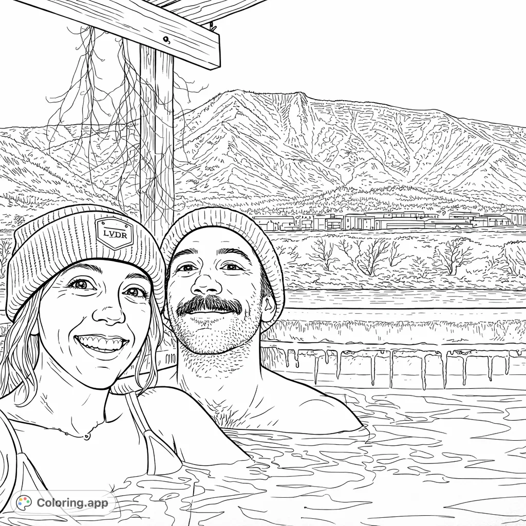 A couple enjoys a relaxing soak in an outdoor hot spring with a majestic, textured mountain landscape in the background. A serene winter escape scene.