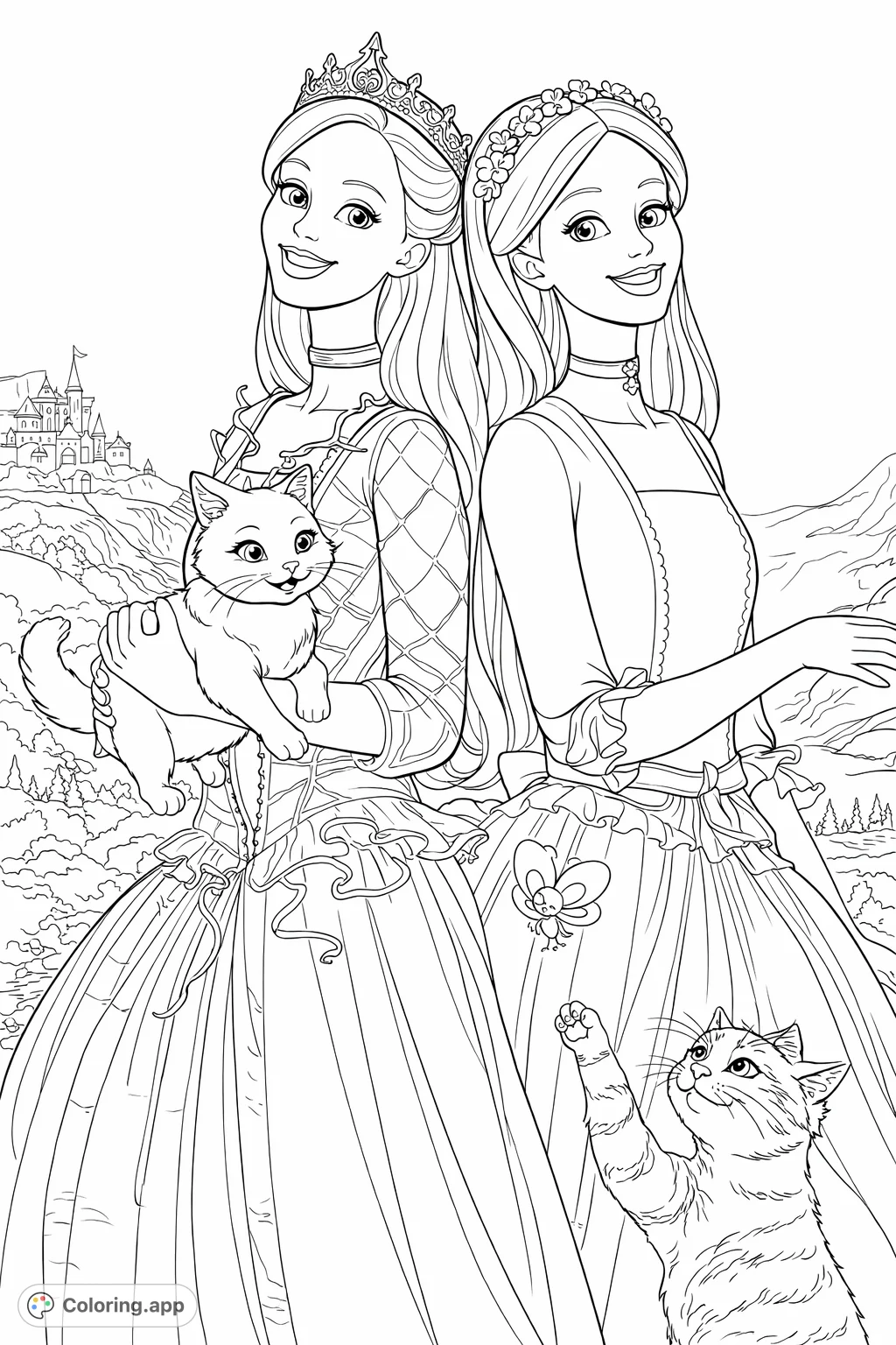 Two elegant princesses with their adorable cats and a delicate butterfly, set against a majestic castle backdrop. A charming scene to color!