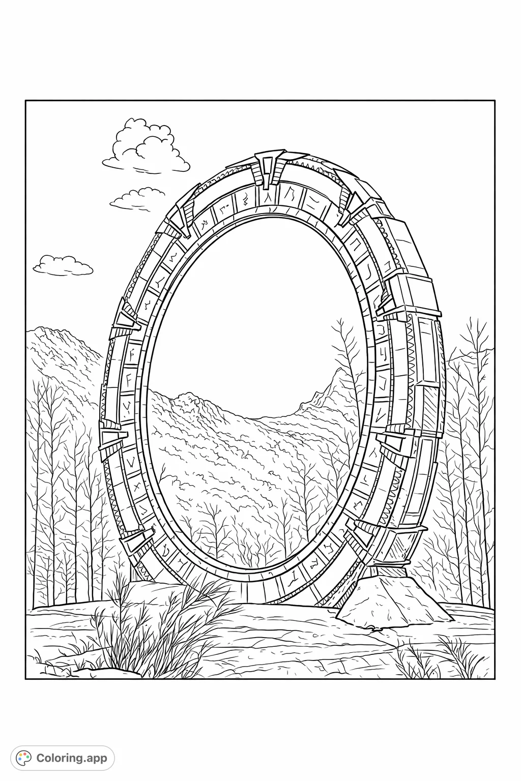 An ancient, segmented gateway stands on rocky ground before a vast forest and rugged mountains. Intricate details and a bright, elliptical opening invite imaginative exploration.