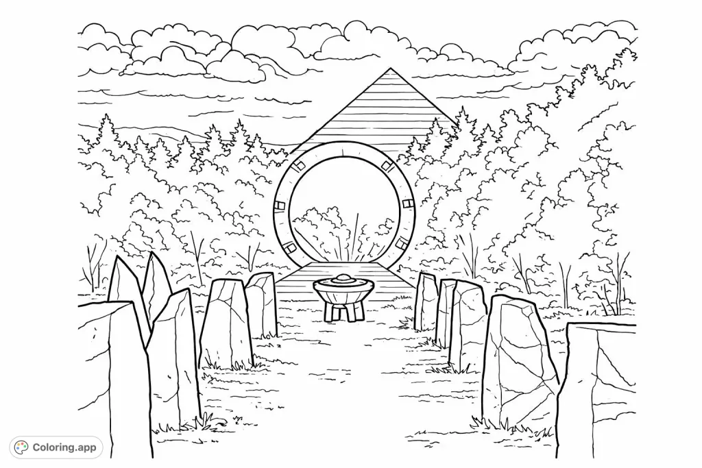 Embark on an epic adventure with this mysterious gateway leading to unknown worlds, framed by ancient stones and a towering pyramid under a dramatic sky.