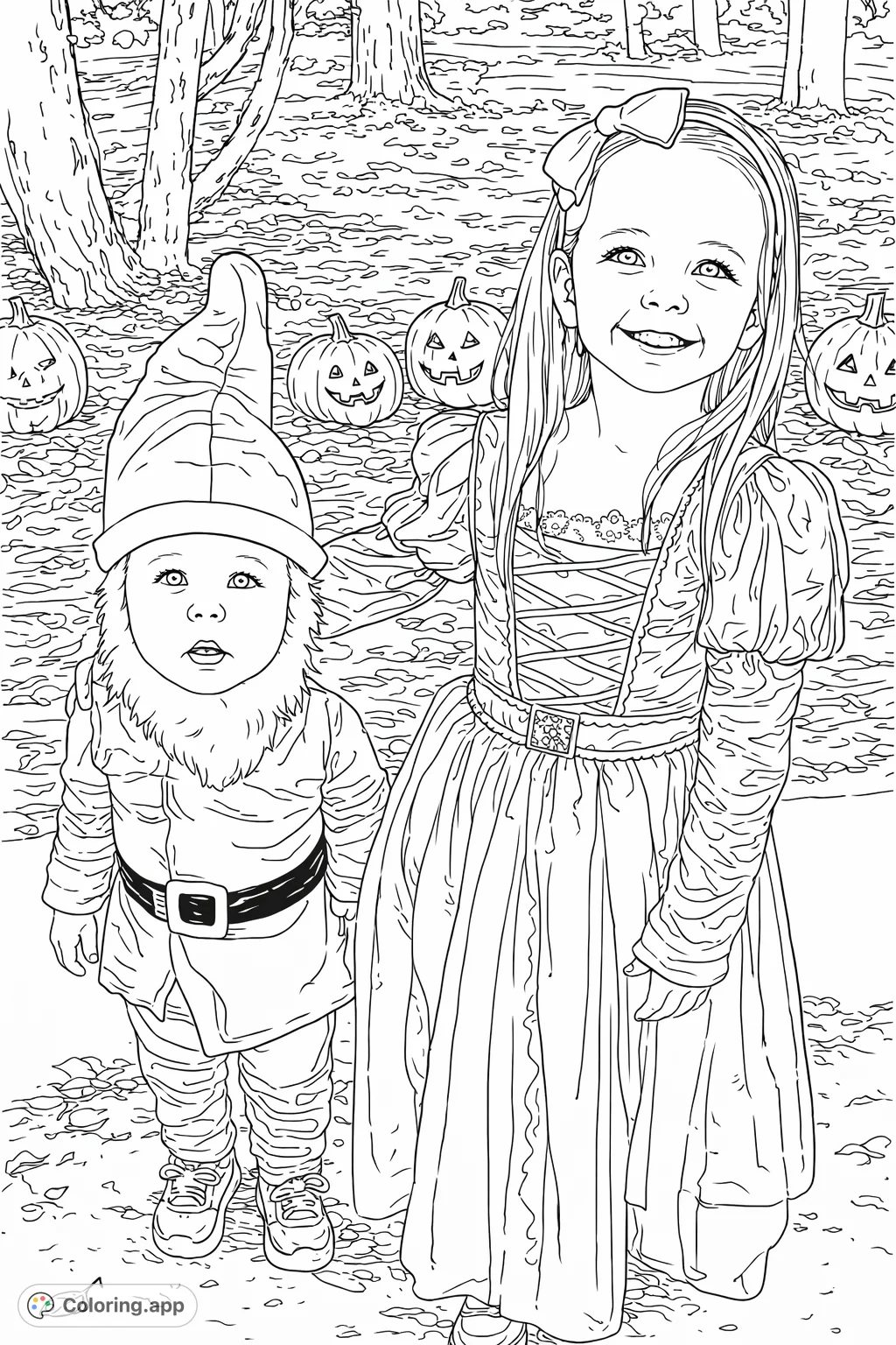 A charming Halloween scene featuring two children in delightful fairytale costumes, a princess and a gnome, surrounded by carved gourds.