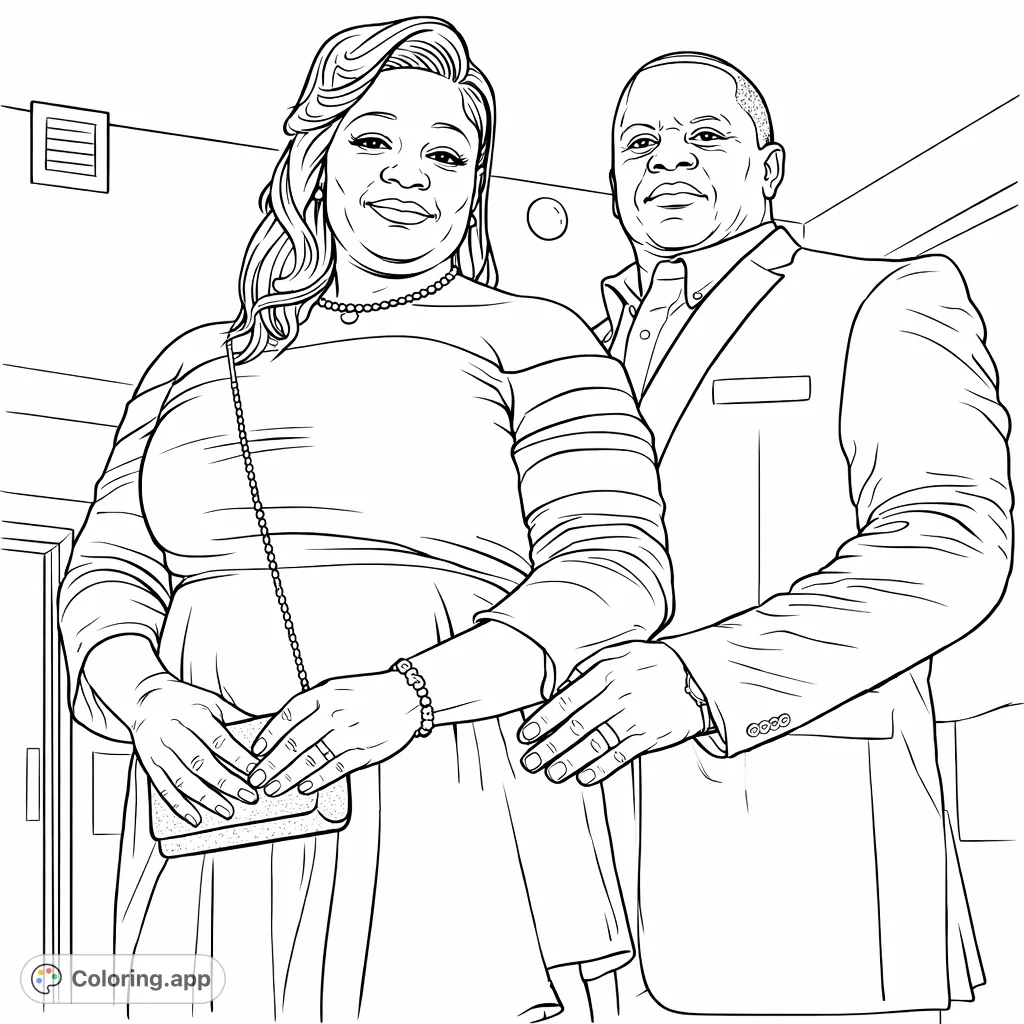 Capture the elegance of a formally dressed couple posing for a portrait. Intricate details on attire and accessories await your creative touch in this engaging coloring page.