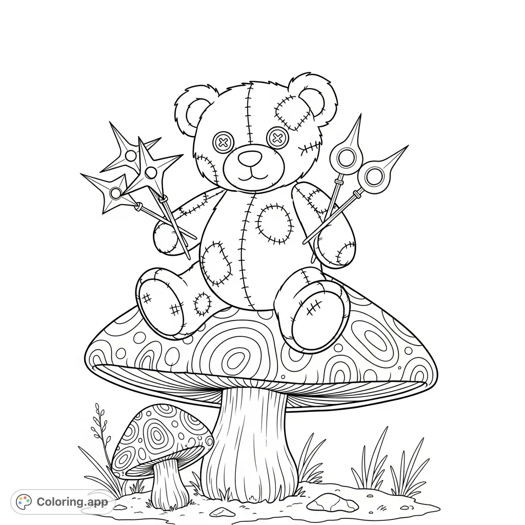Discover a unique gothic teddy bear coloring page. A patchwork bear holding throwing stars sits on an oversized, groovy mushroom. Perfect for fantasy fans!