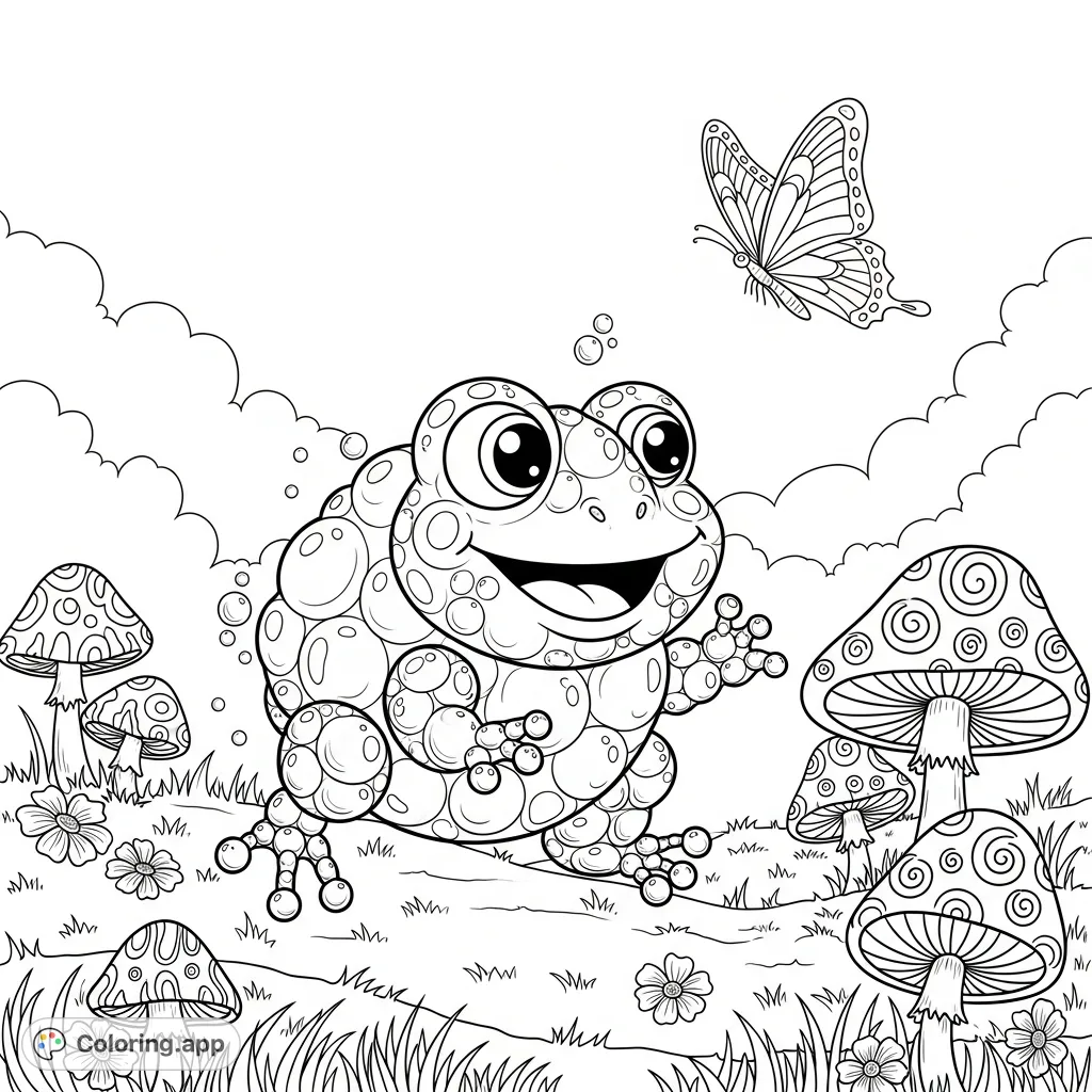 Explore a charming scene featuring a spherical bubble frog hopping through a field of flowers and groovy mushrooms, with a butterfly soaring overhead. A delightful nature coloring page.