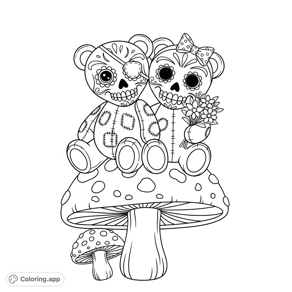 A charming coloring page featuring two candy skull teddy bears, one boy with an eye patch and a girl with a bow and flowers, sitting on a mushroom.