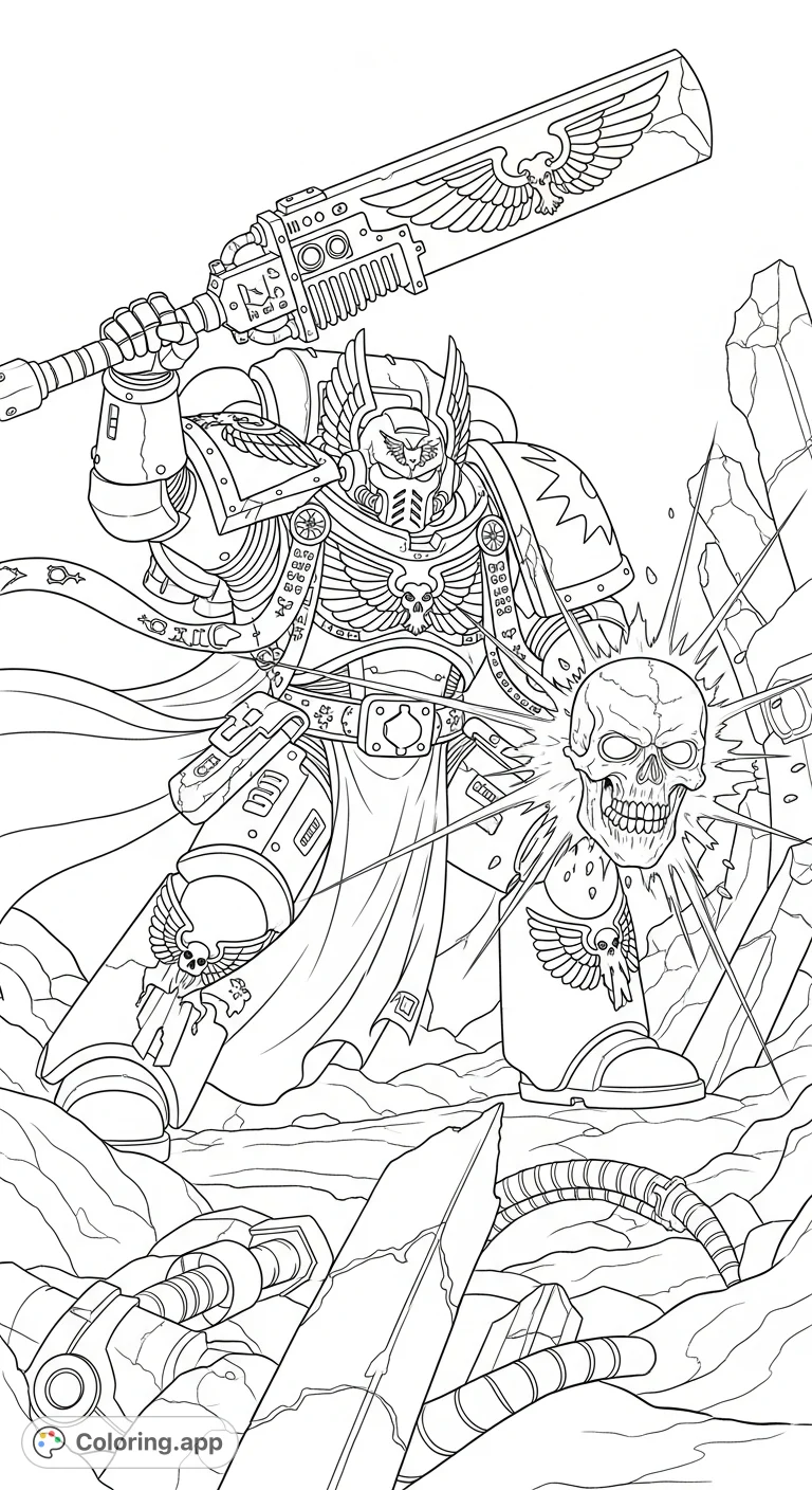 Witness Asmodai of the Dark Angels in an epic Warhammer 40K battle, swinging his crozius at a shattering Necron skull amidst a landscape of war and debris.