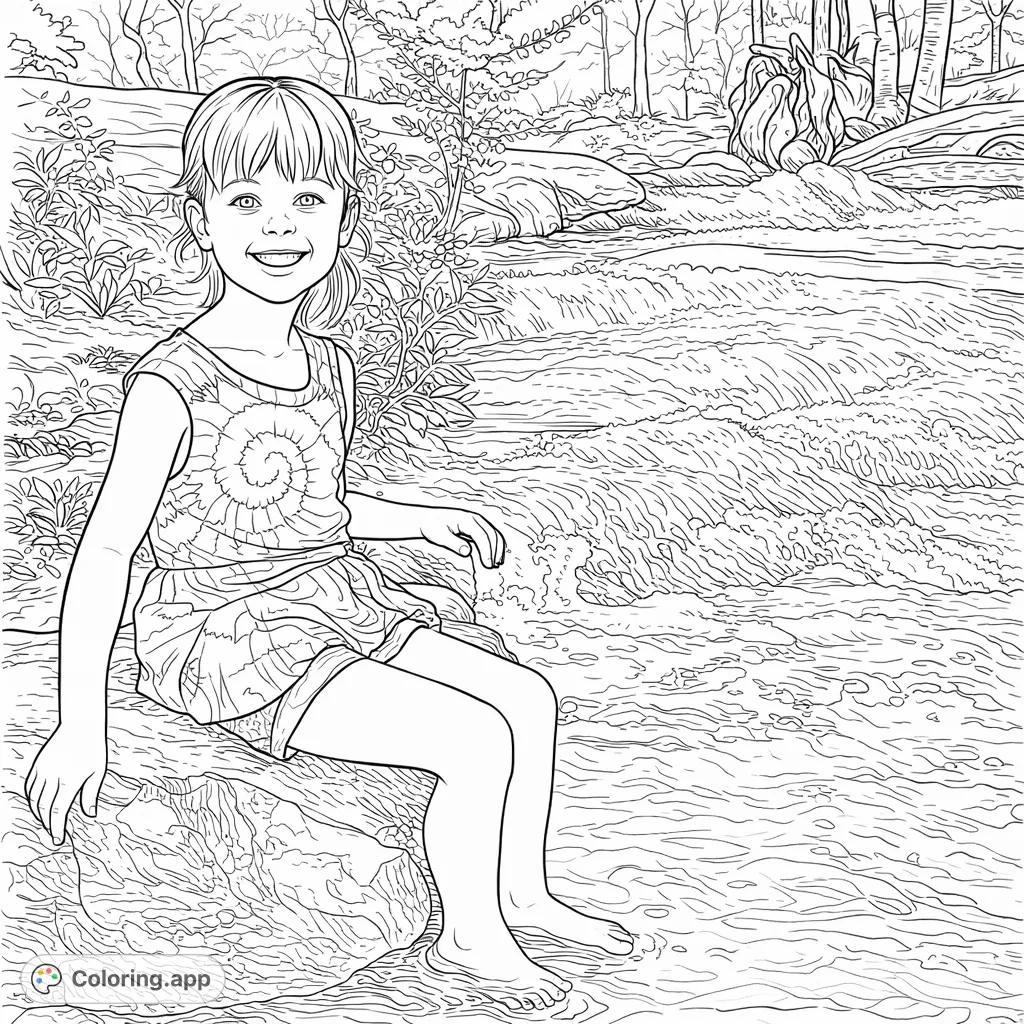 A joyful girl sits on a rock, dipping her feet in a flowing stream, surrounded by nature. Perfect for a relaxing coloring escape into the outdoors.