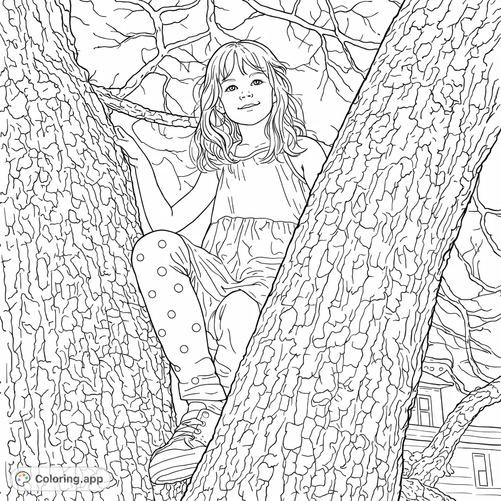 Join a cheerful girl in her tree-climbing adventure! This detailed coloring page features intricate tree bark, playful polka-dot leggings, and a whimsical outdoor scene.