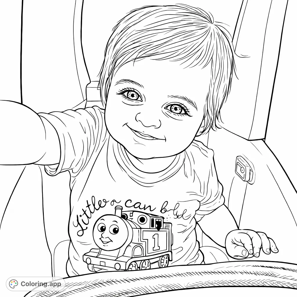 A delightful toddler smiles from inside a toy vehicle, wearing a shirt with a friendly cartoon train. Perfect for young enthusiasts to color and enjoy.