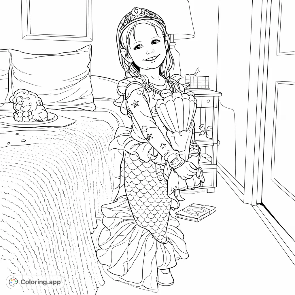An enchanting mermaid princess coloring page featuring a young girl in a detailed costume, complete with a crown, shell top, and scaled tail.