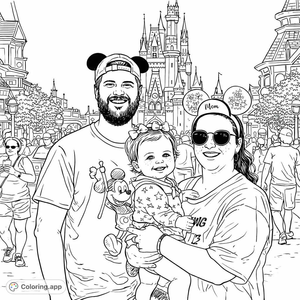 Capture joy with this theme park family coloring page! Featuring a happy family in front of a grand castle, perfect for a magical adventure.
