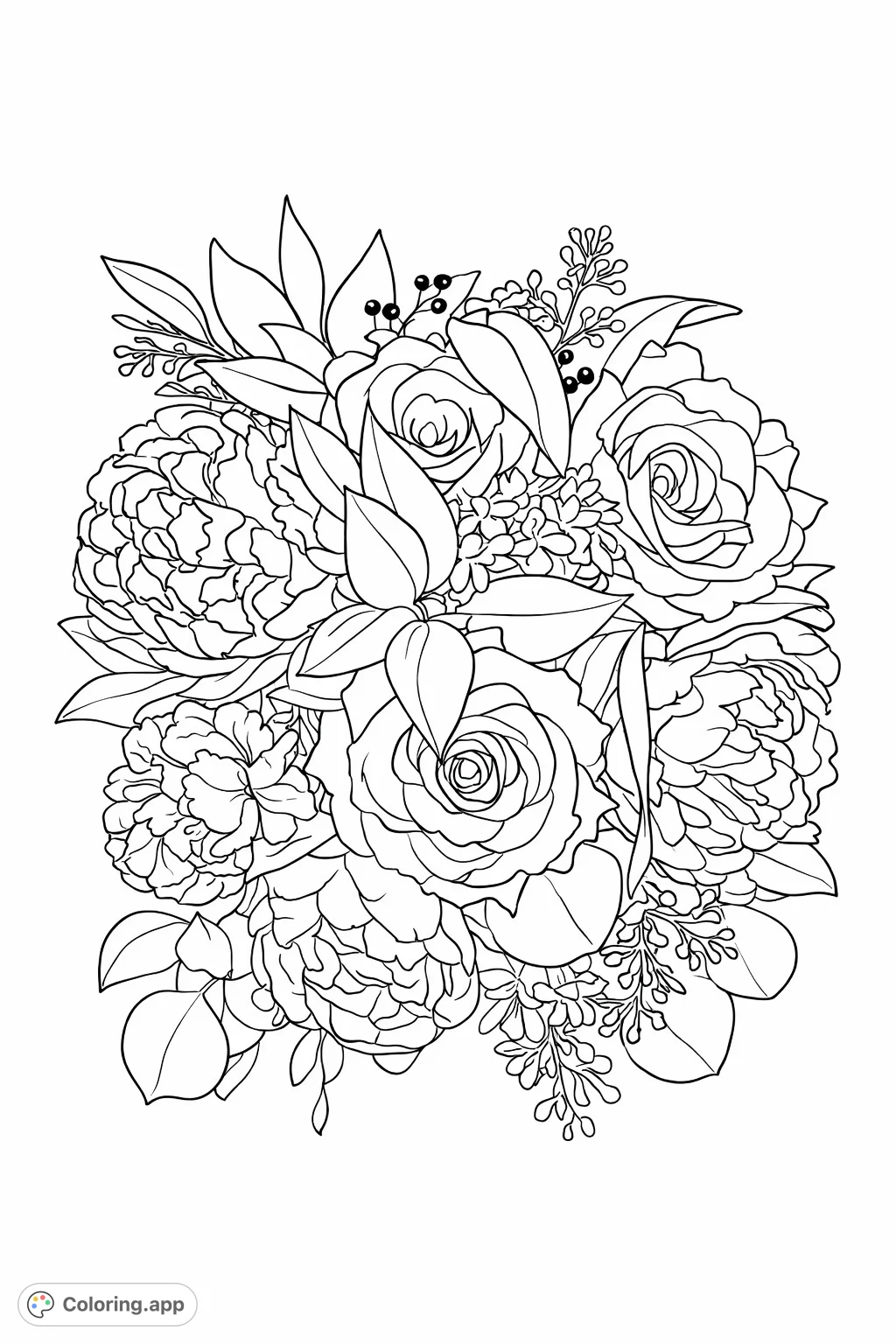 Discover an elegant bouquet coloring page featuring lush roses, peonies, and delicate filler foliage. A beautiful floral design perfect for artistic expression.