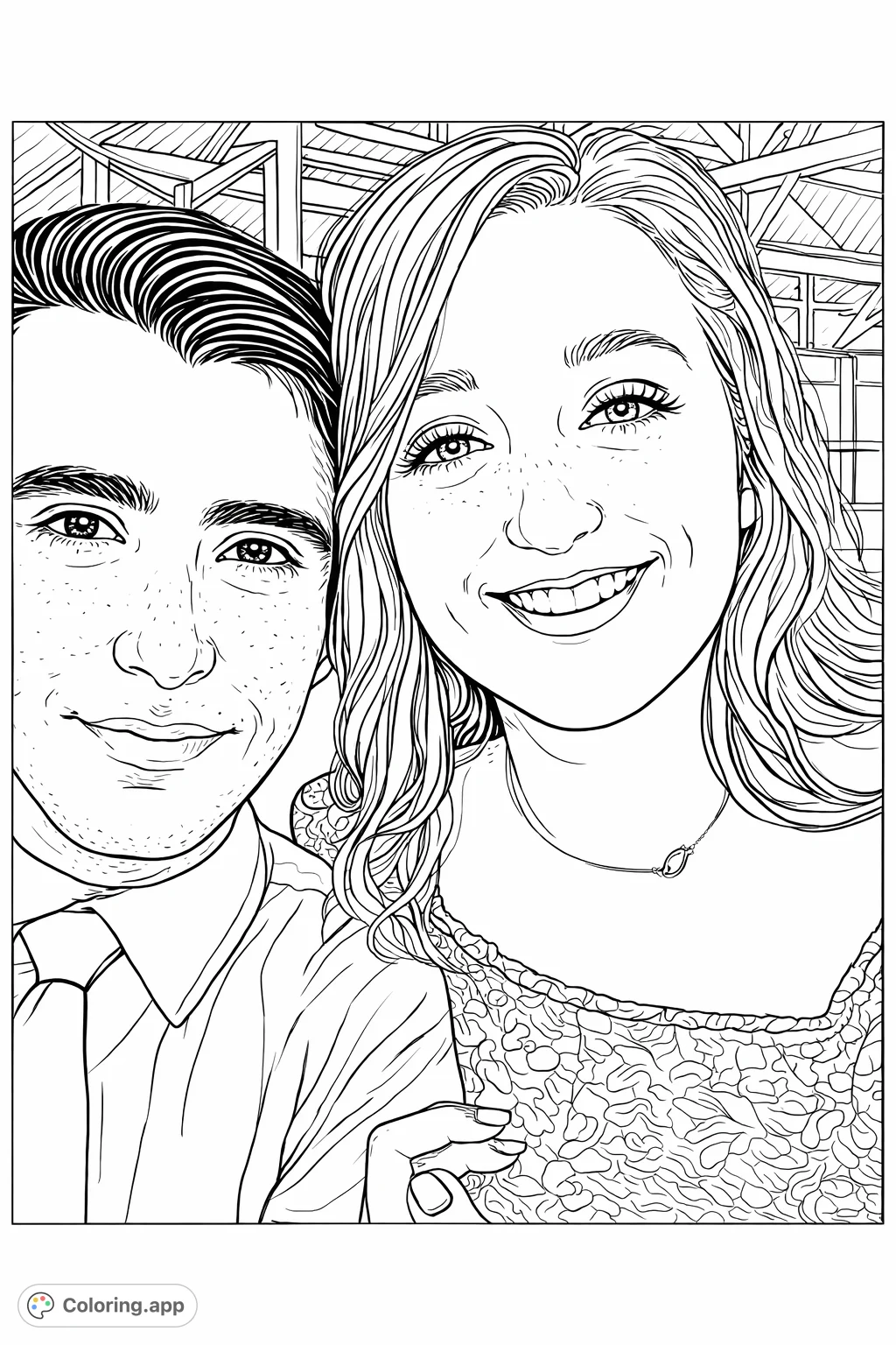 Capture a moment of joy with this happy couple coloring page. Features a smiling man and woman, perfect for personalizing with your favorite shades.
