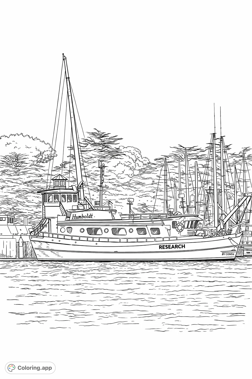 Explore a detailed research vessel coloring page, featuring a ship docked in a harbor with rigging, structures, and a natural background. Perfect for realistic coloring!