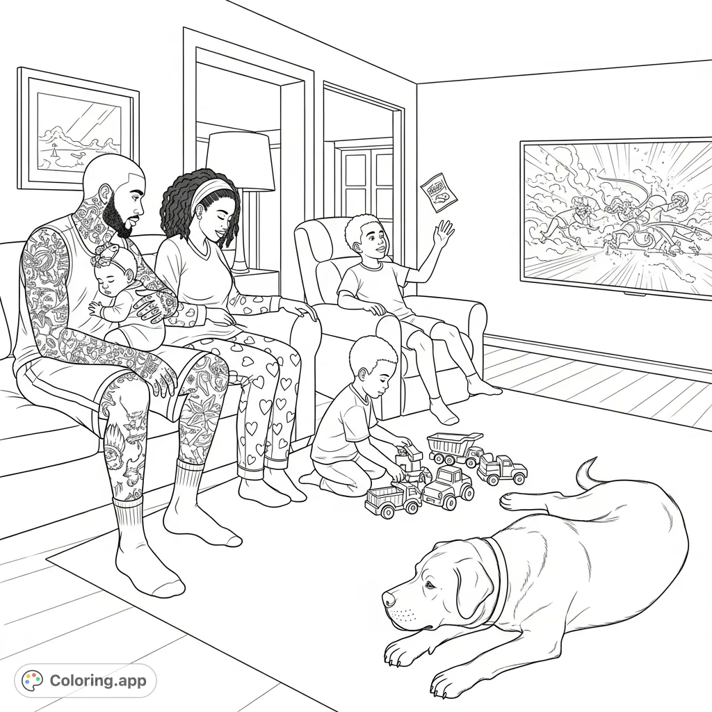Discover a heartwarming family relaxation coloring page, featuring a cozy living room scene with parents, children, and their massive pet dog.