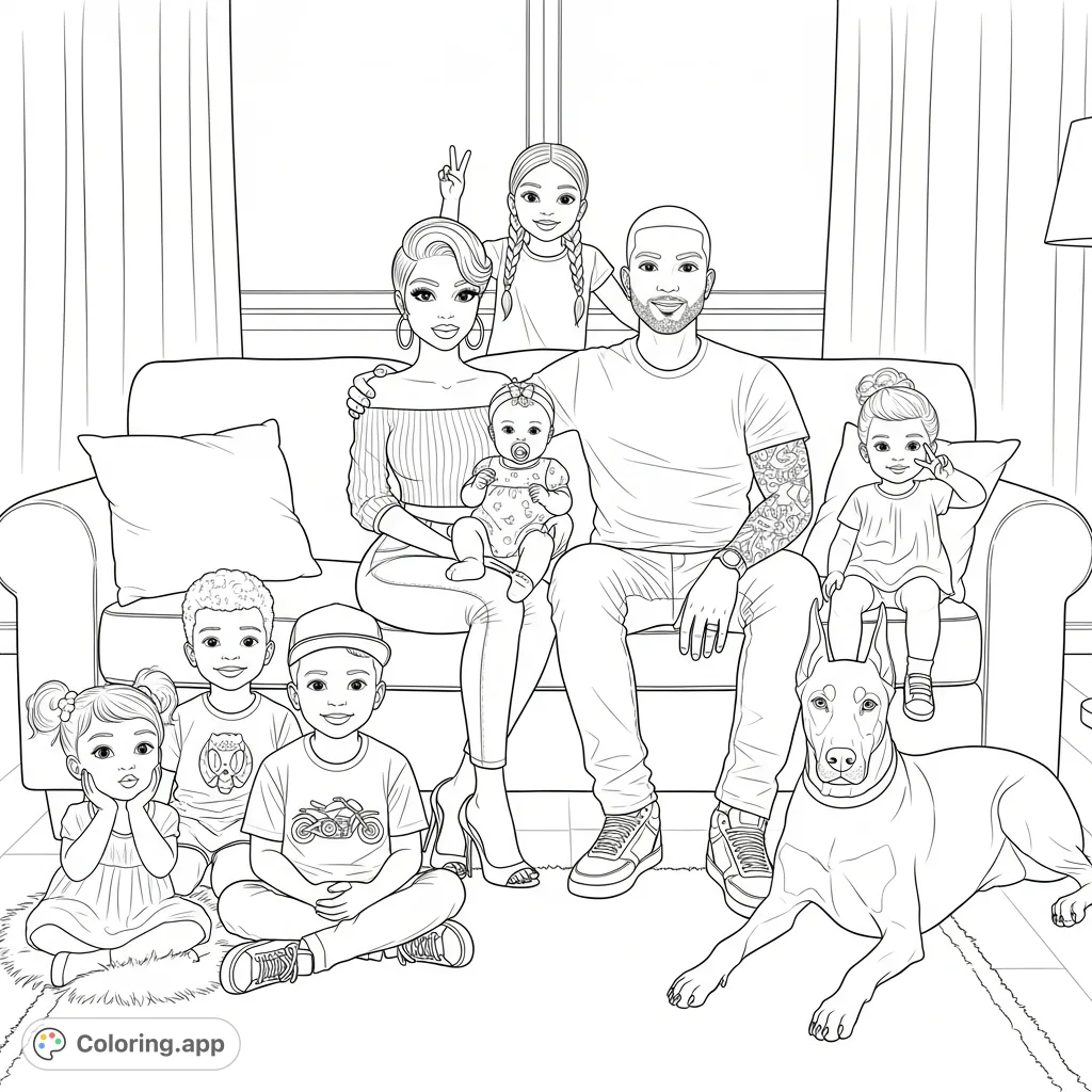 A heartwarming family of seven and their Doberman gather in a cozy, warmly lit living room. Perfect for a family portrait coloring page.