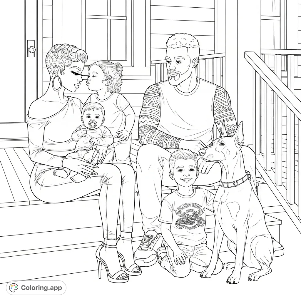 Capture a heartwarming family moment on a cozy porch with a woman, man, children, and a loyal Doberman. Perfect for a family portrait coloring page.