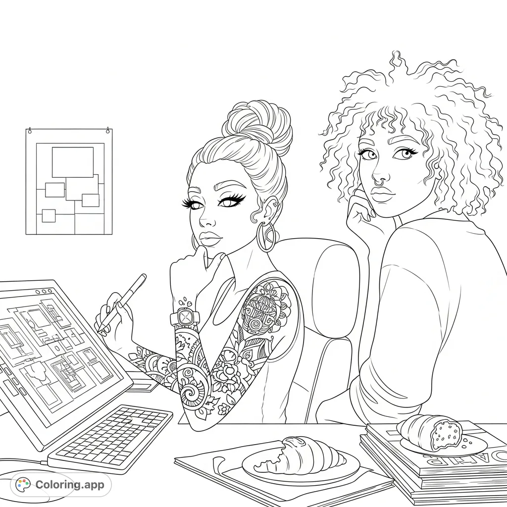 A detailed graphic design sister coloring page featuring two sisters in a creative workspace, contemplating a complex digital design.