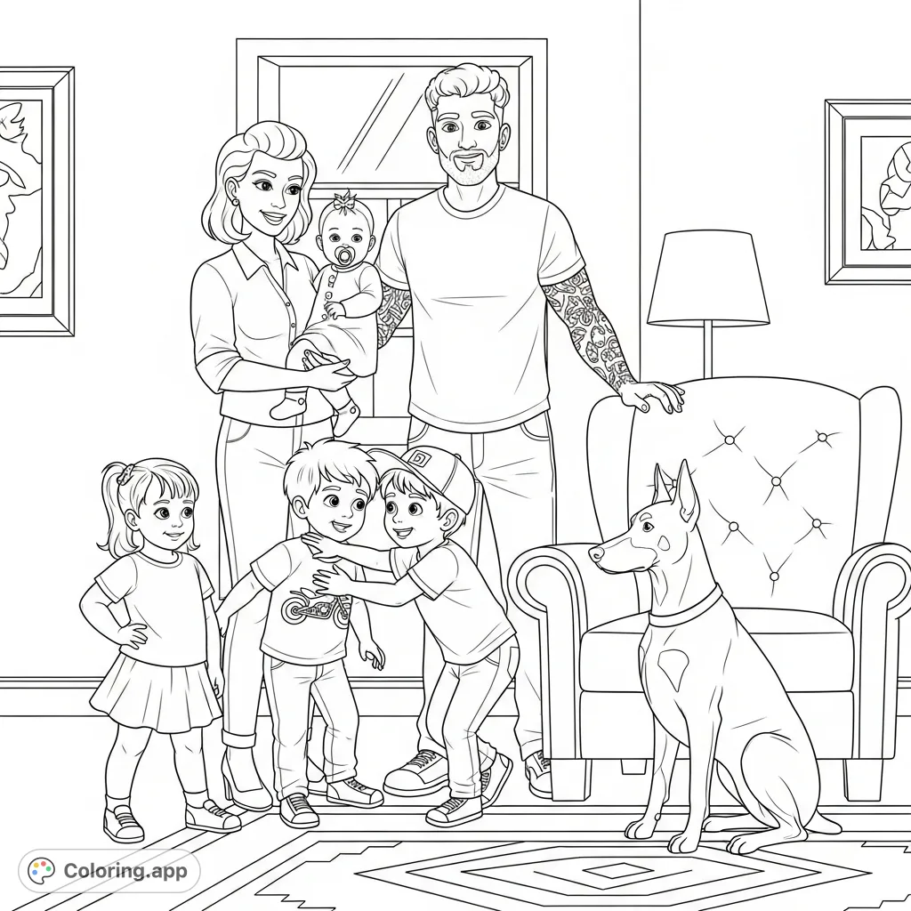 A heartwarming family portrait with six family members and their Doberman dog in a cozy living room. Perfect for a family togetherness coloring page.