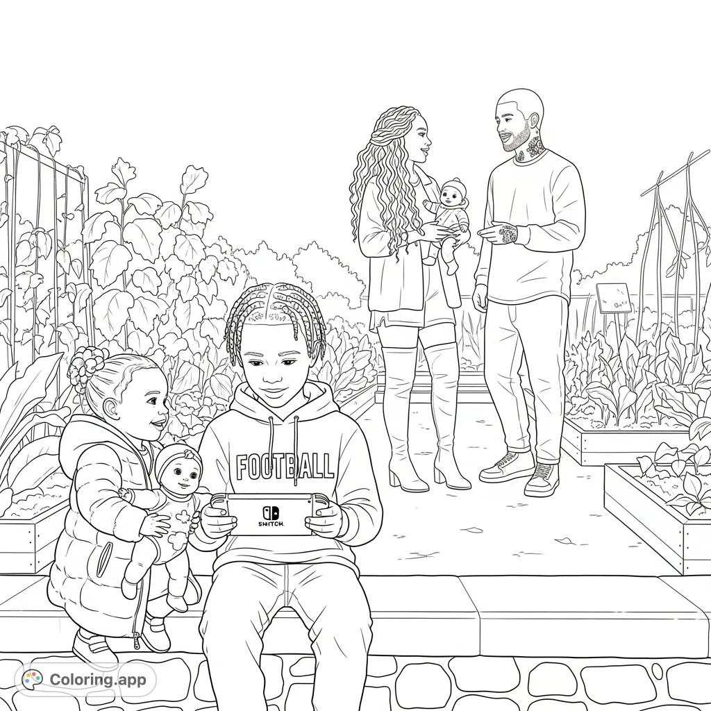 A heartwarming scene of a family enjoying a community garden. Kids play while parents chat, offering a delightful and detailed coloring experience.