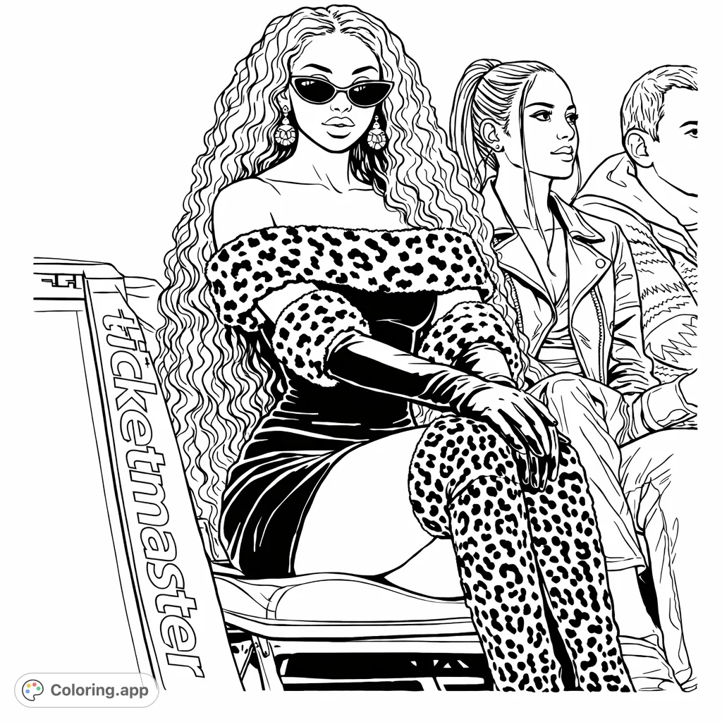 Color this stylish woman featuring an off-shoulder dress, long gloves, and over-the-knee boots adorned with an eye-catching spotted pattern. A chic fashion statement!