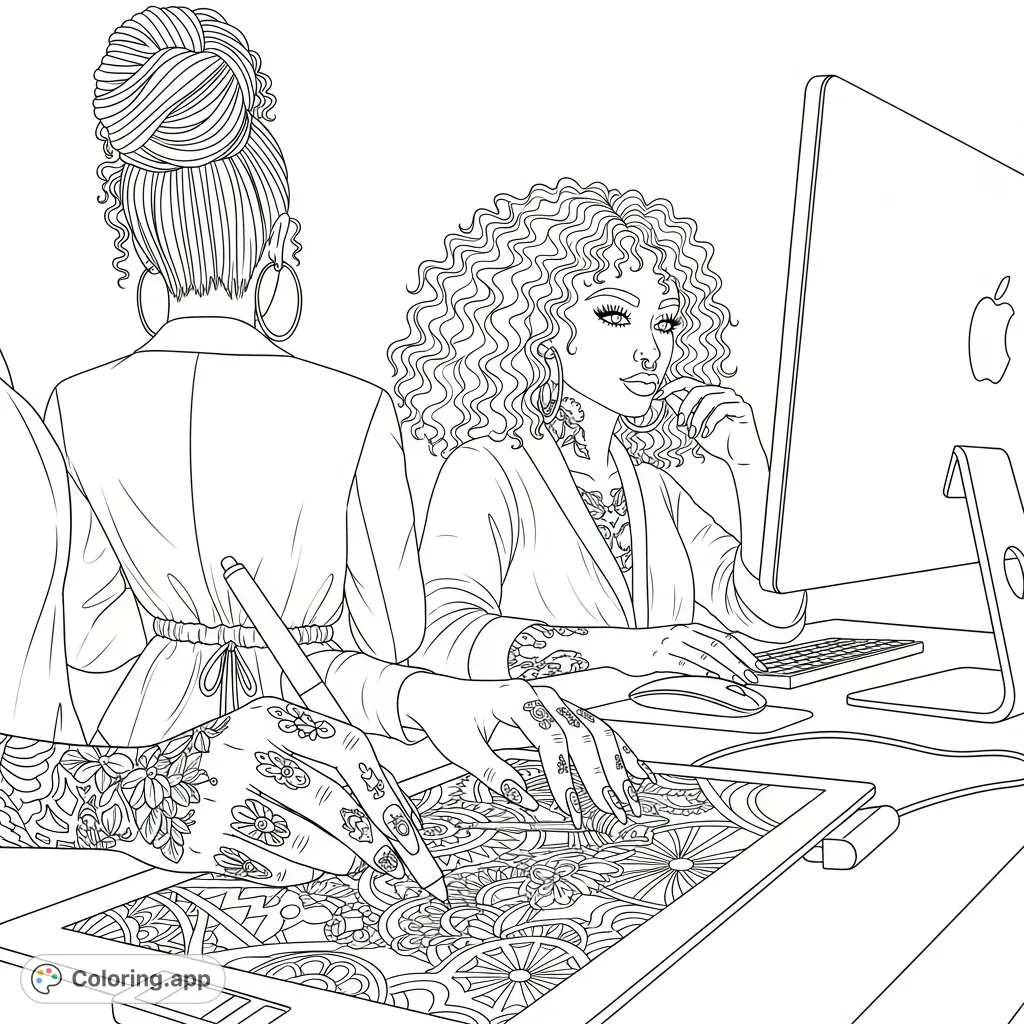 Explore a detailed graphic design workstation coloring page featuring two sisters immersed in creative work, complete with intricate patterns and personal touches.
