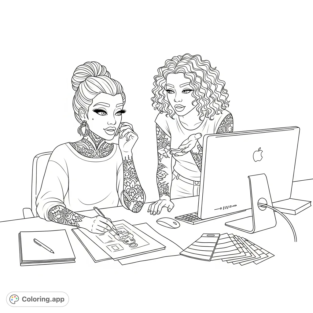 Discover a detailed graphic designer sisters coloring page featuring intricate tattoos, stylish hairstyles, and a creative workspace. Perfect for adults!