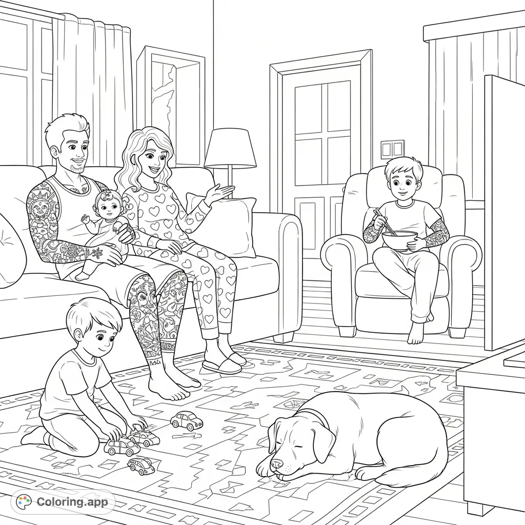 A warm family scene with parents, children, and a dog relaxing in their living room. Features a playful baby, a toddler with toy cars, and a teen enjoying TV.