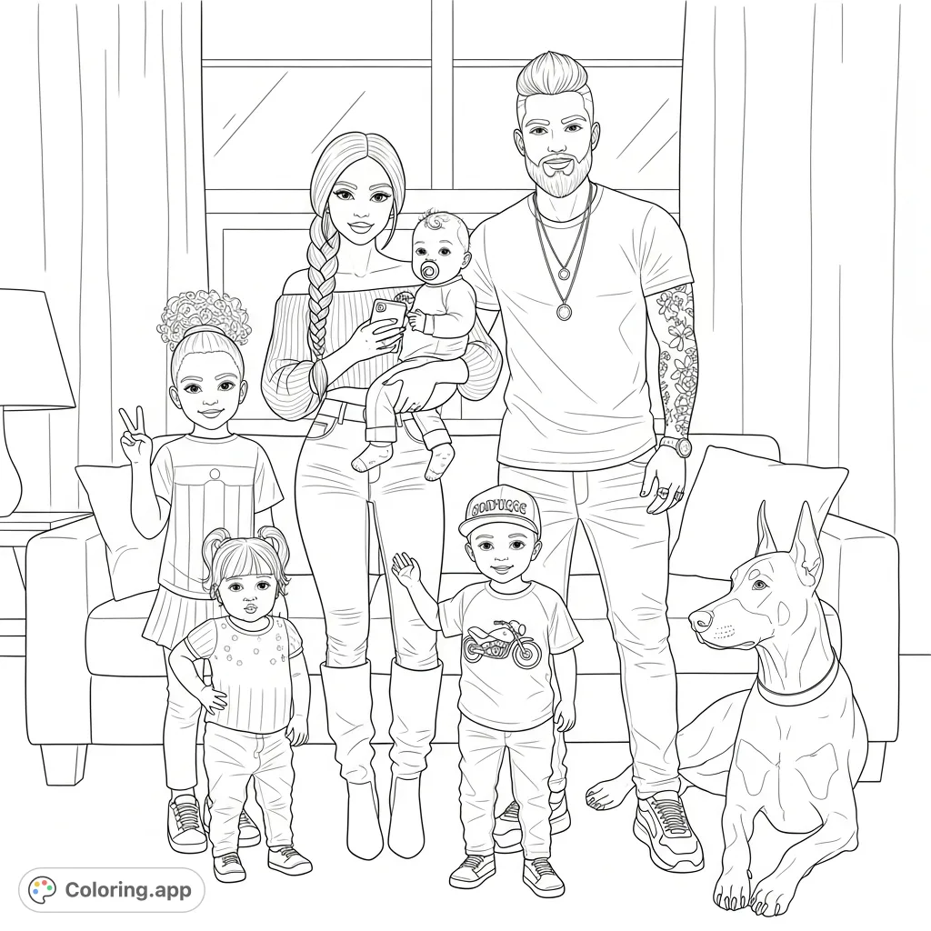 A heartwarming free printable family coloring page featuring a lively family of six and their Doberman dog in a cozy living room setting. Perfect for all ages to enjoy.