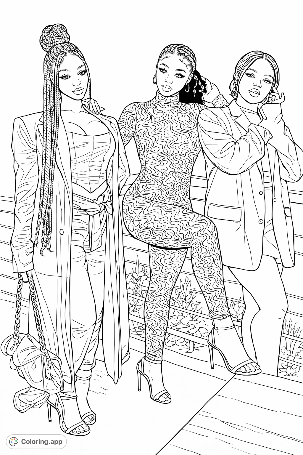 Three stylish women pose with confidence, featuring intricate patterns and modern attire. A captivating fashion coloring page for creative expression.