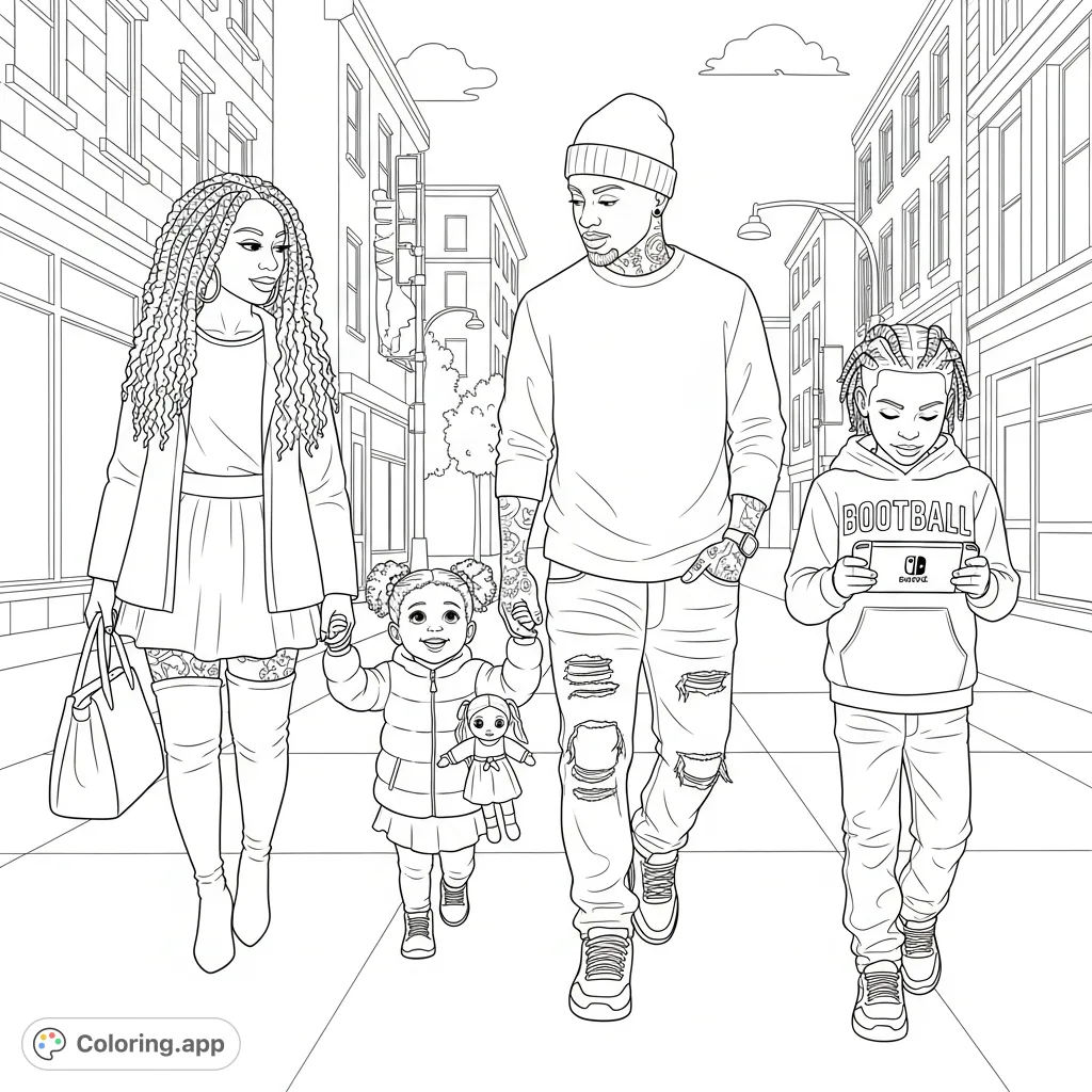 An African American family of four enjoys a lively walk on a city sidewalk, surrounded by detailed brick buildings and streetlights. A modern family scene.