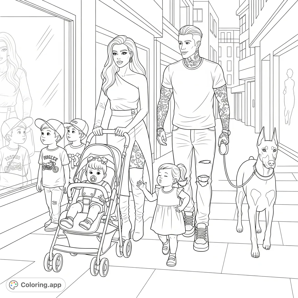 An intricate urban family moment coloring page featuring parents, children, and a Doberman strolling a busy city street, with shop window reflections.