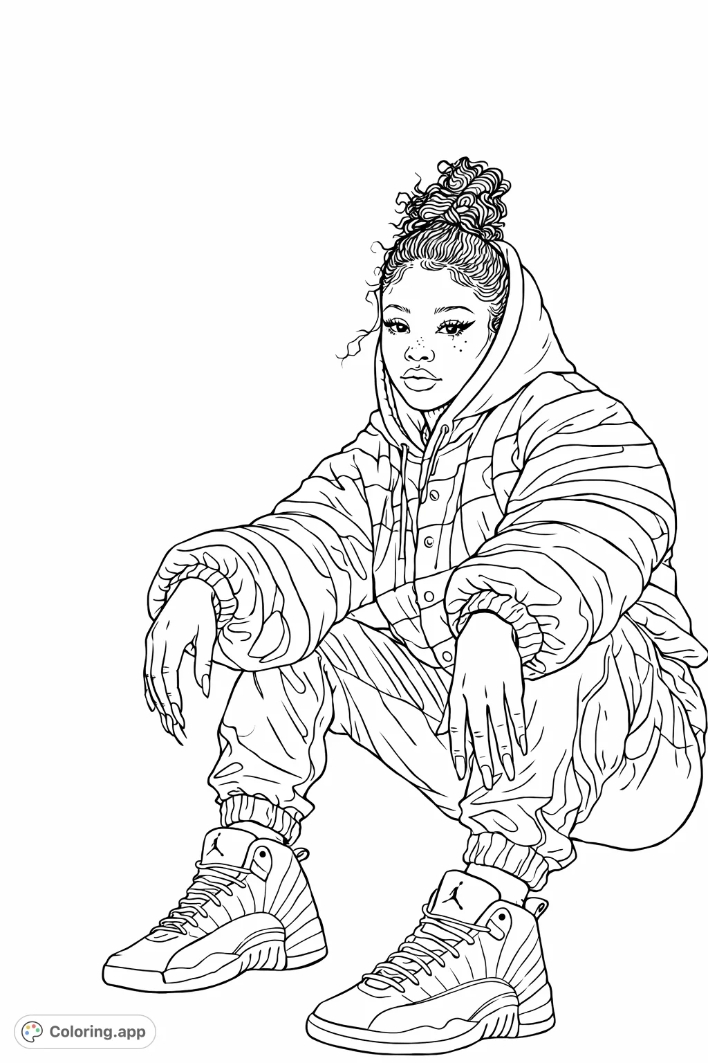 Capture the essence of street style with this trendy fashionista coloring page, featuring a detailed multi-panel jacket and cool sneakers.