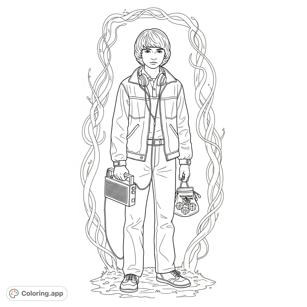 A detailed Will Byers coloring page featuring the iconic character from Stranger Things in a classic pose, perfect for fans.