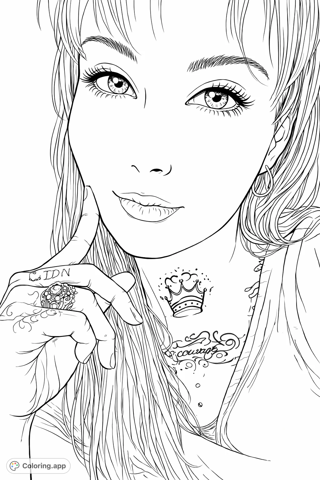 A striking portrait featuring a person with intricate tattoos, a decorative ring, and long flowing hair, offering a canvas for expressive coloring.