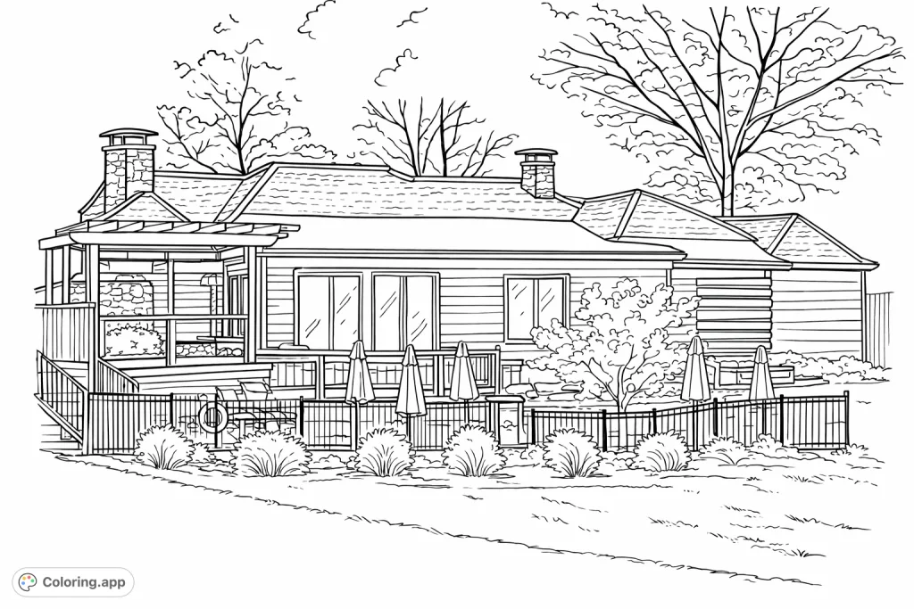 Explore a detailed coloring page featuring a grand lodge-style home, expansive multi-level deck with a pergola, and an inviting poolside area, all nestled within a lush natural setting.