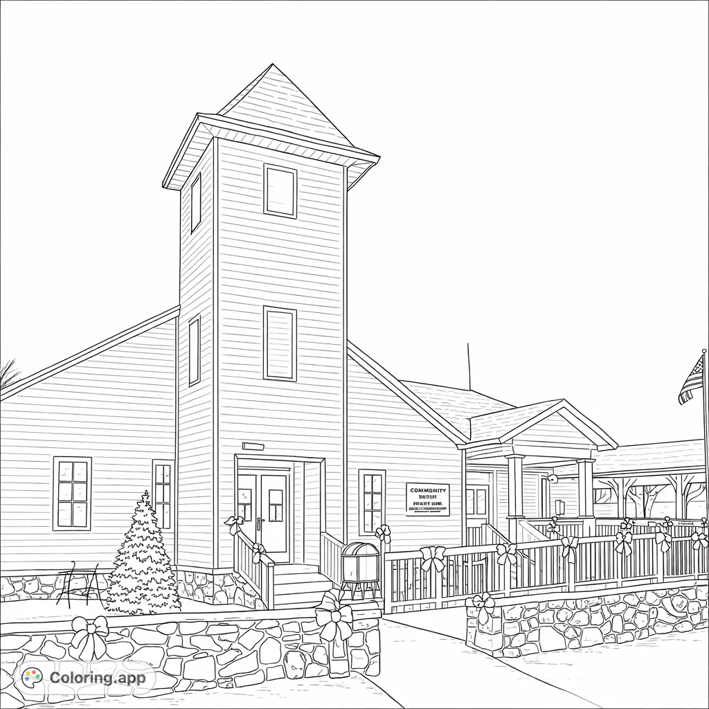 Explore a detailed historic church building, featuring a bell tower, intricate siding, and festive bows, set against a quiet backdrop for peaceful coloring.