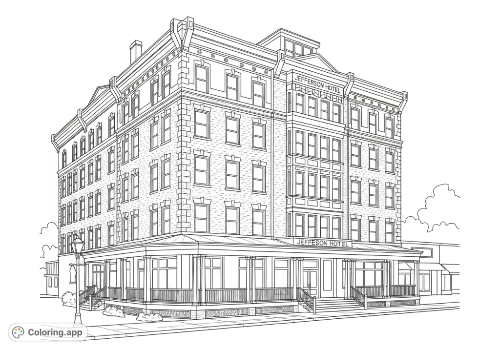 Capture the timeless elegance of the 1909 Jefferson Hotel in Ellington, MO. A detailed architectural coloring page for history enthusiasts and aspiring artists.