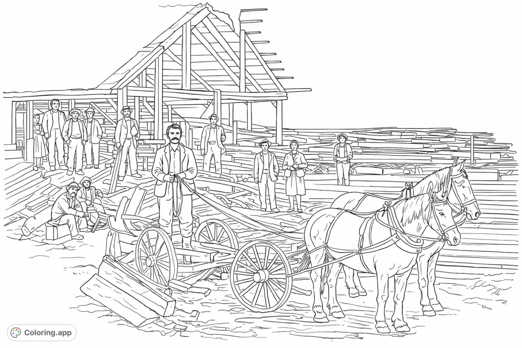 A bustling historical sawmill scene with workers, children, and horses amidst timber and structures. A glimpse into early industry.