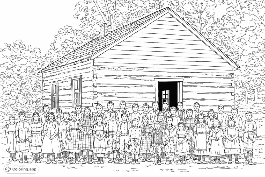 A charming scene of a historical log cabin schoolhouse with a group of students and teachers standing outside, capturing a moment from the past.